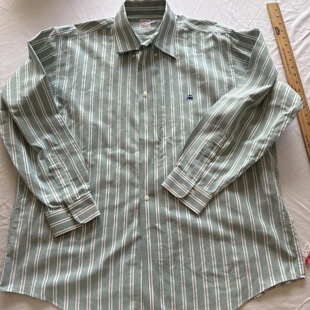 Brooks Brothers Madison Fit Non-Iron Striped Shirt Mens XL Green 346 Button Down